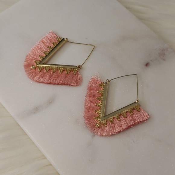 New Pink and Gold Fringe Triangle Earrings - Picture 2 of 4